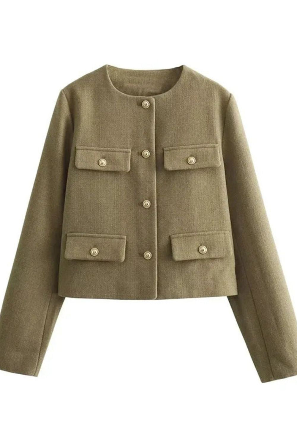 Damen Jacke Kurz Rundhals mit Knopfleiste und Taschen