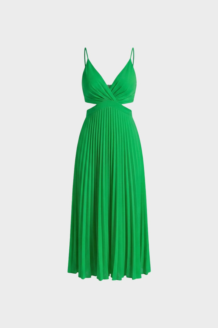 Maxikleid Damen Plissee mit V-Ausschnitt