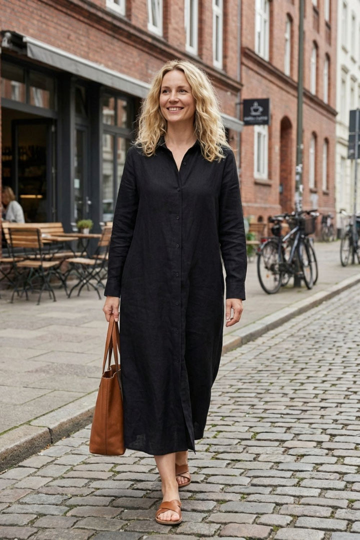 Damen Hemdblusenkleid lang mit Knopfleiste