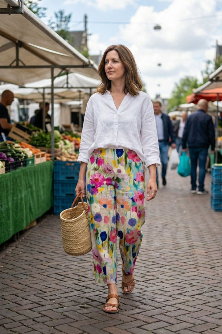 Stoffhose Damen mit Blumenmuster Weites Bein