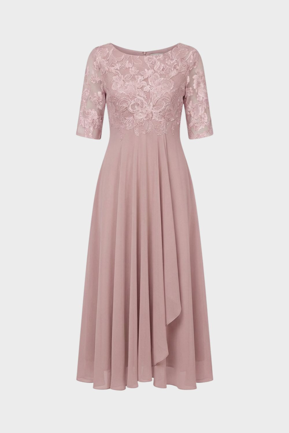 Damen Chiffon Maxikleid in Champagner mit Spitzenoberteil und 3/4-Ärmeln