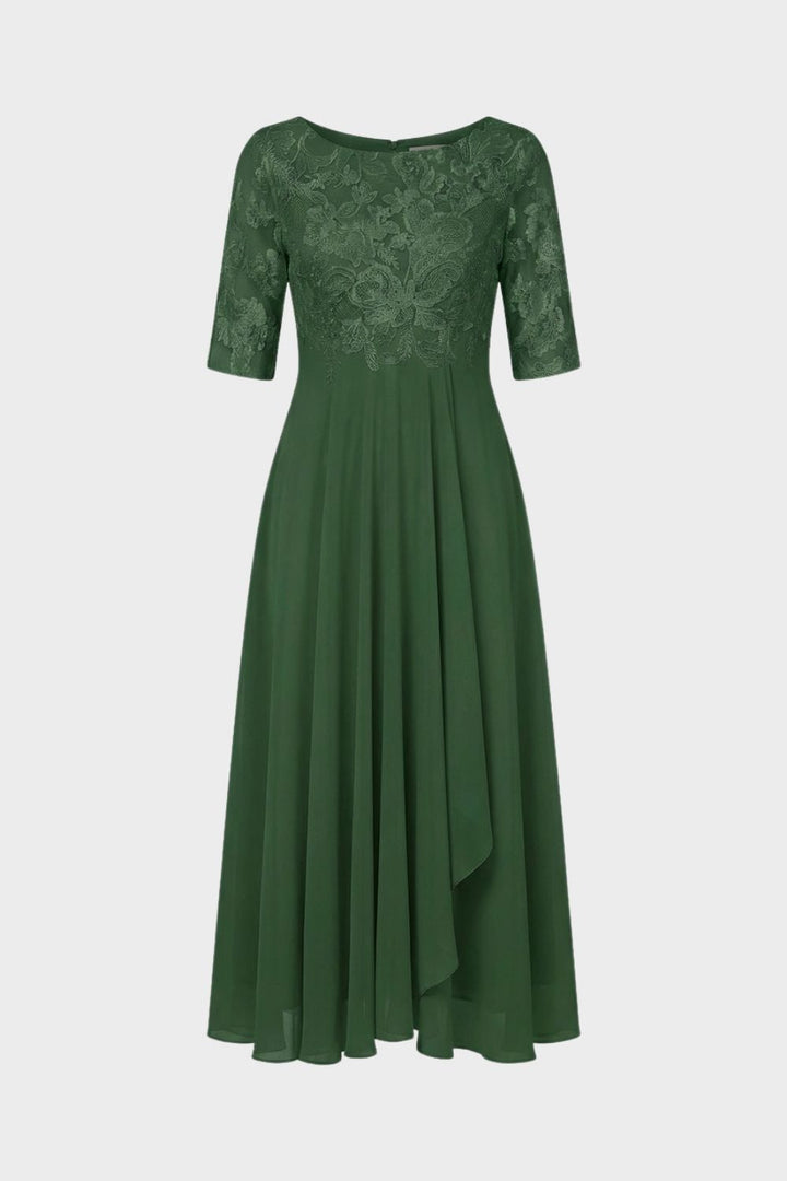 Damen Chiffon Maxikleid in Champagner mit Spitzenoberteil und 3/4-Ärmeln