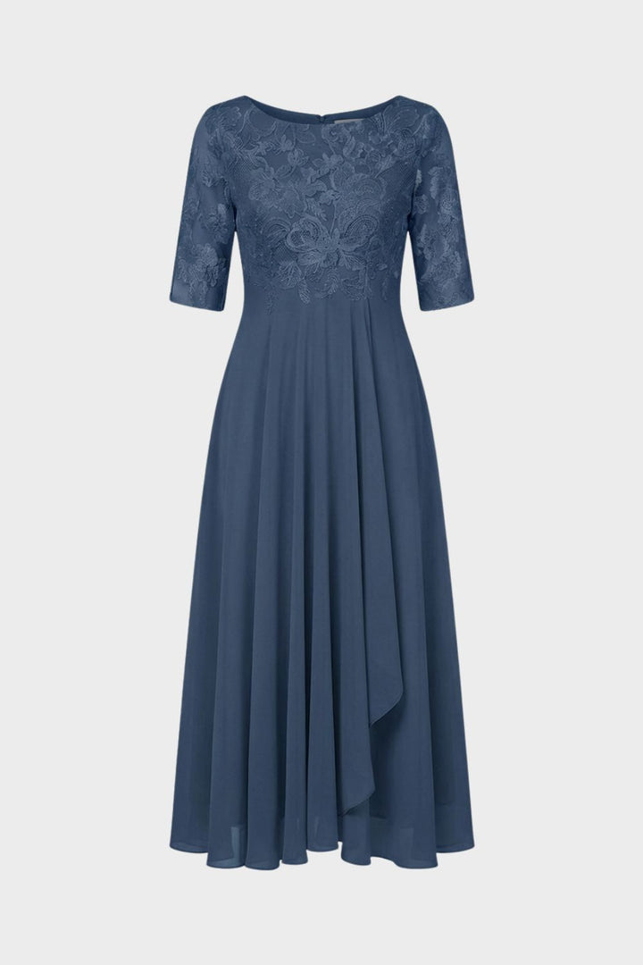 Damen Chiffon Maxikleid in Champagner mit Spitzenoberteil und 3/4-Ärmeln