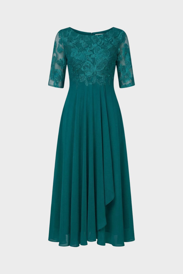 Damen Chiffon Maxikleid in Champagner mit Spitzenoberteil und 3/4-Ärmeln