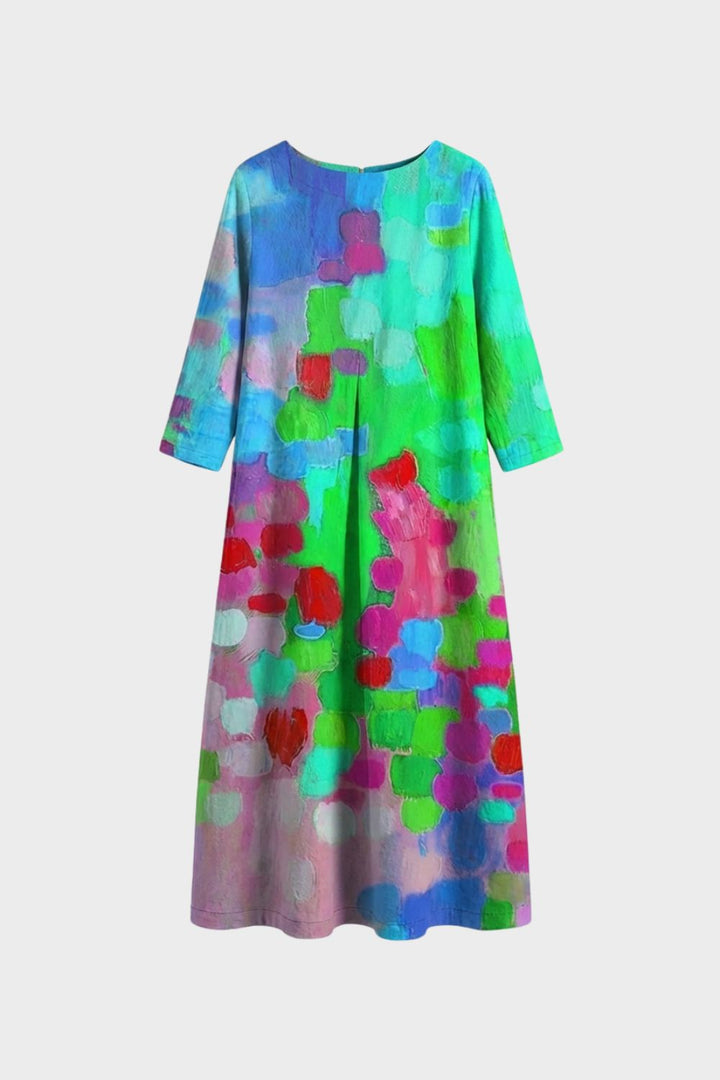 Kleid Damen Midikleid lang mit Muster Rundhals
