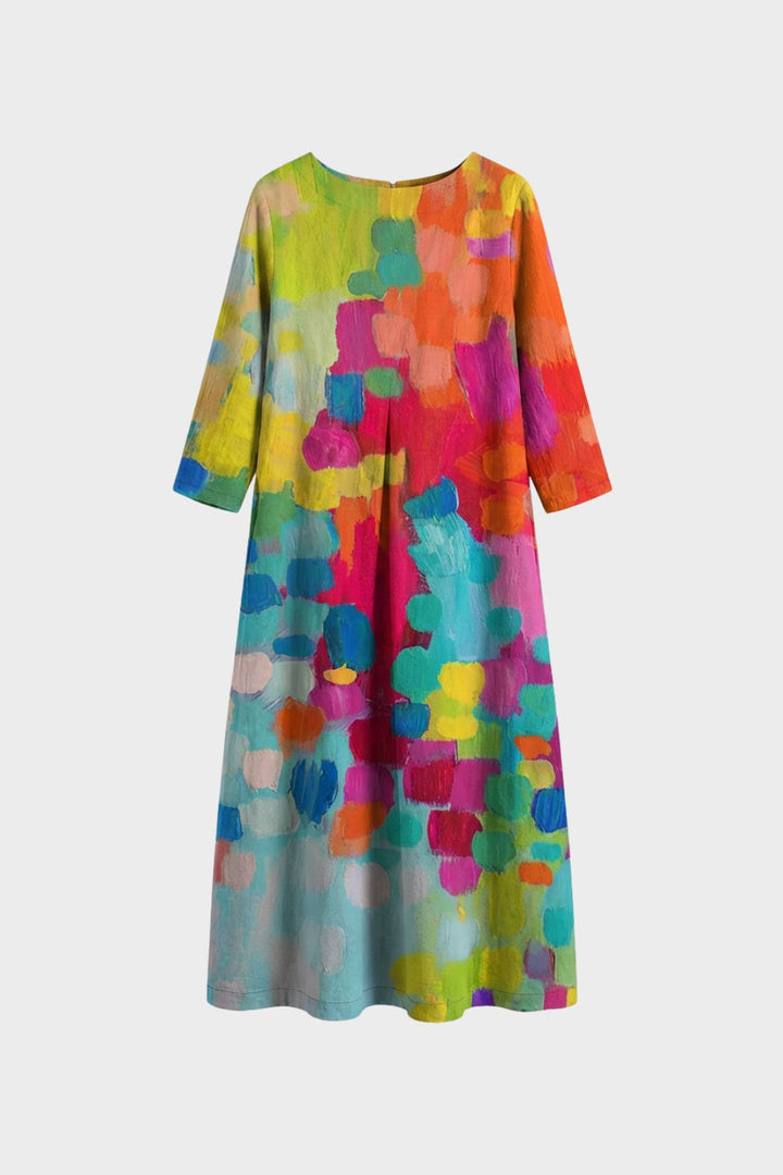 Kleid Damen Midikleid lang mit Muster Rundhals