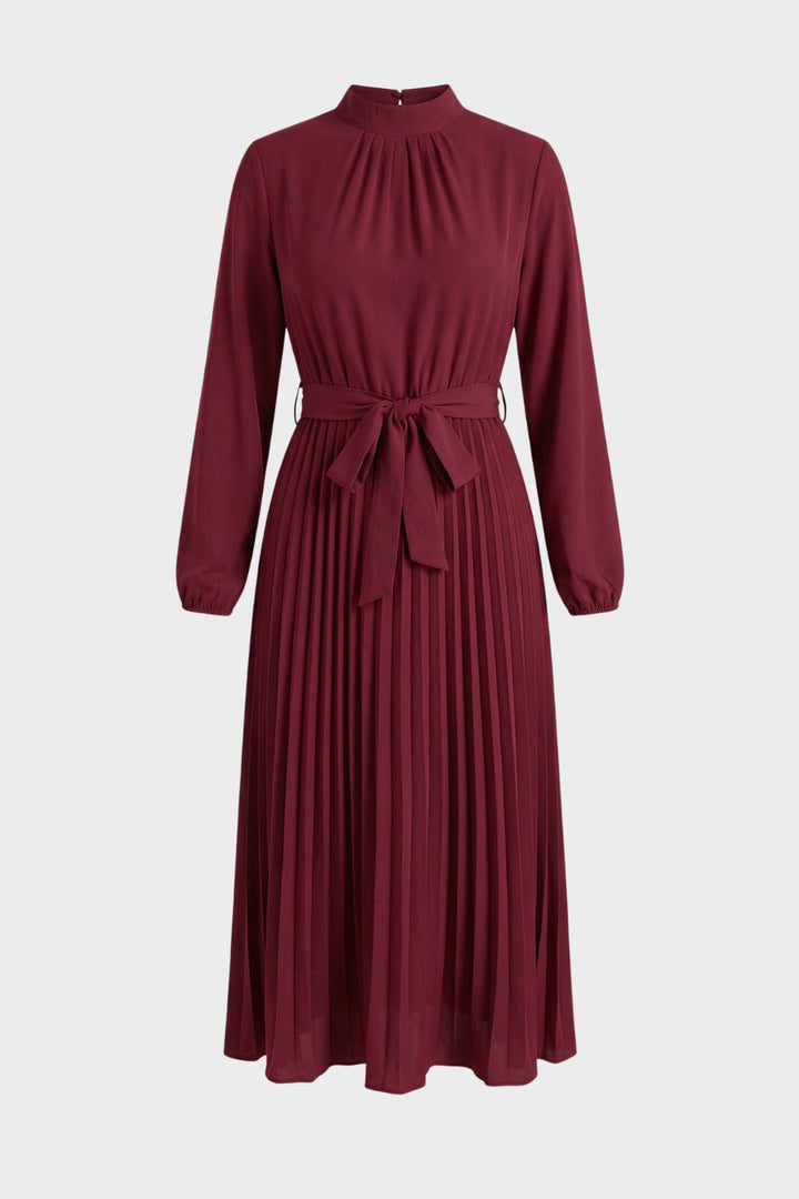 Midikleid Damen Plissee mit Langarm und Gürtel