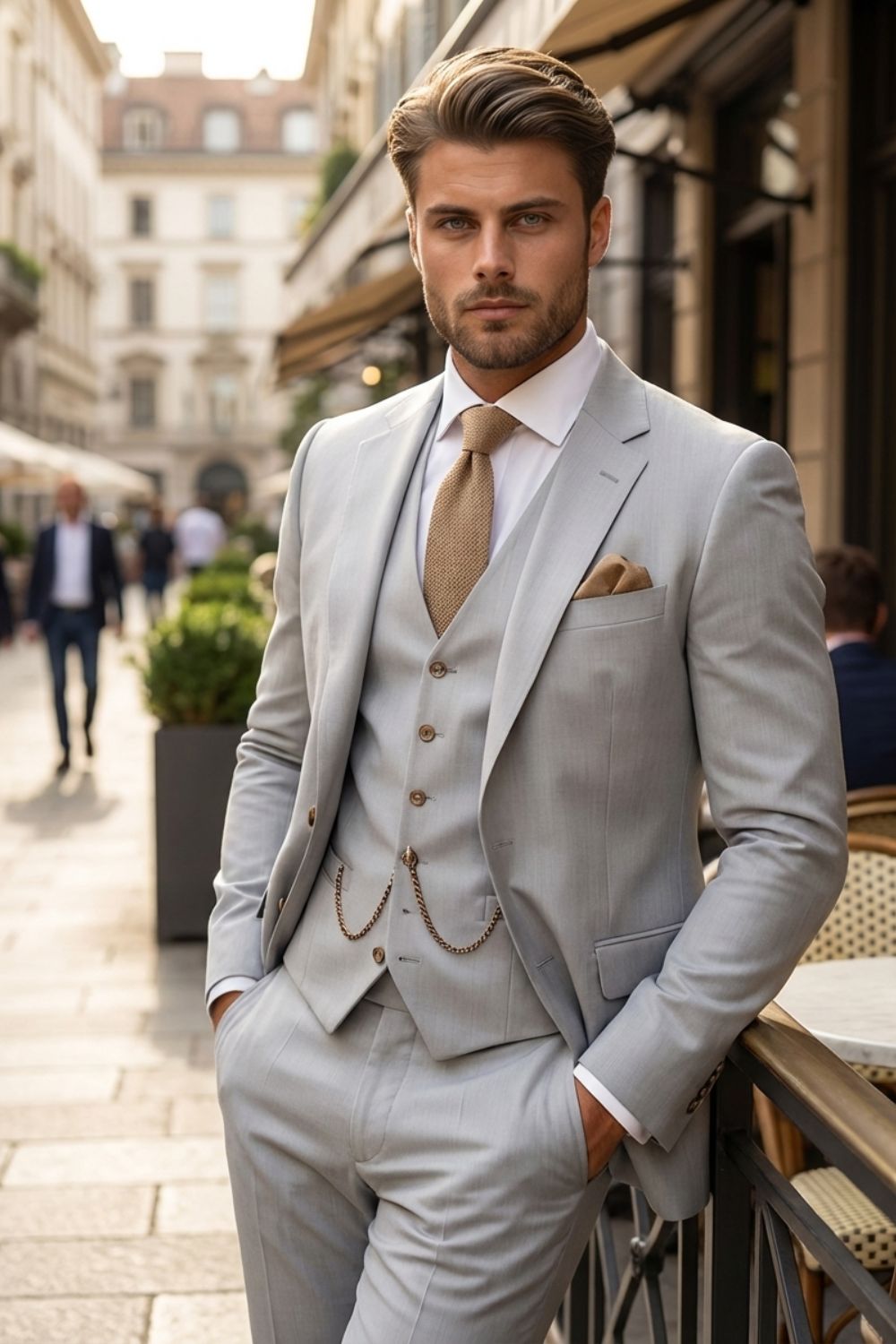 Herren Sommeranzug 3-Teilig Hellgrau – Hochzeit Bräutigam Look