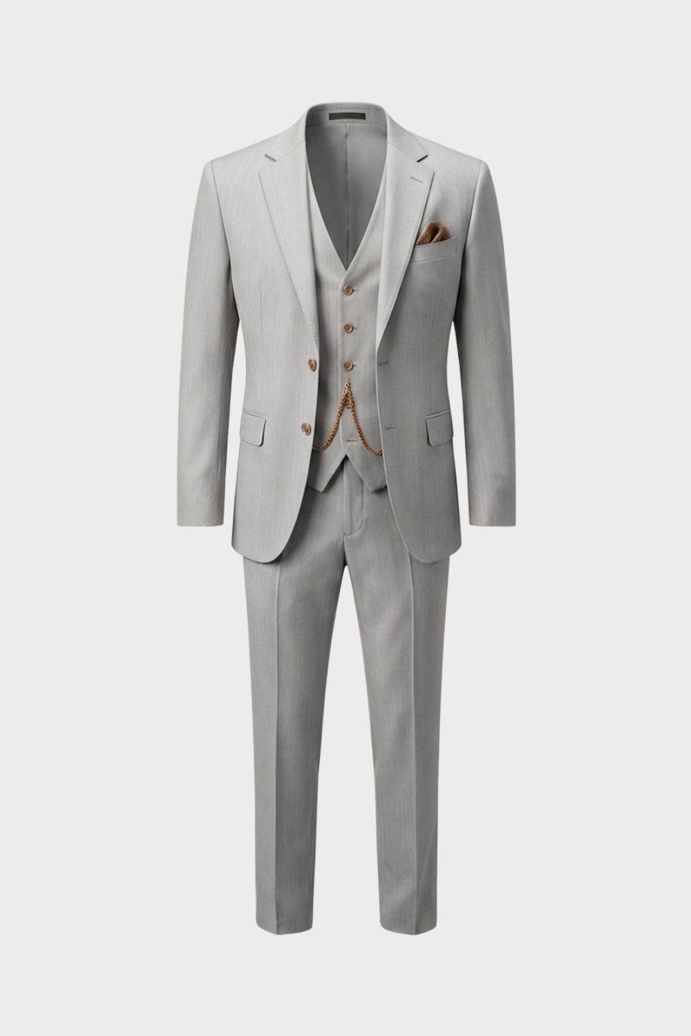 Herren Sommeranzug 3-Teilig Hellgrau – Slim Fit mit Weste und Uhrenkette