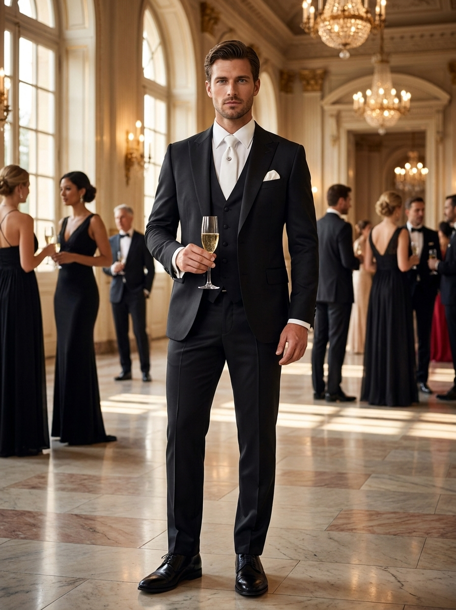 Glänzender 3-teiliger Herrenanzug Slim Fit – Bräutigam Satin-Look