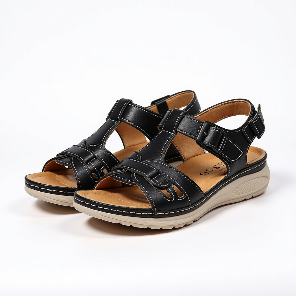 Damen Trekking Sandalette Schwarz mit T-Steg und Klett – orthopädische Wander-Sandale Hauptansicht